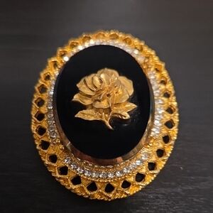 Gold and Black Floral Statement Ring - Women Jewelry